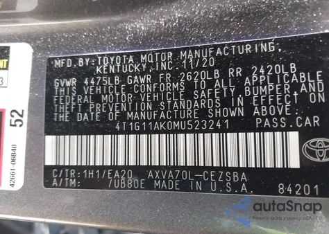 2021 Toyota Camry Se from USA, damaged, VIN 4T1G11AK0MU523241